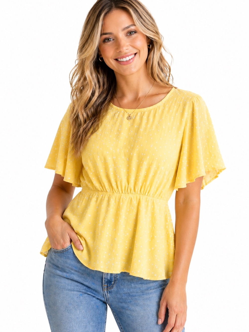 Francesca’s Yellow Swiss Dot Peplum Blouse Flutter Sleeve Boho Top - Medium